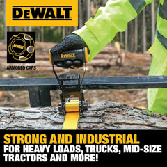DEWALT 2"×27'×10,000 lbs Ratchet Straps with Flat Hooks, 6-Pack | Wide‑Grip Ergonomic Handle, Armored Side Caps, DOT / WSTDA Weather‑Resistant Straps, Flat Hooks for Industrial Cargo, Flatbed