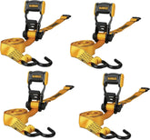 DEWALT 1.25"×12'×1,800 lbs Light-Duty Ratchet Strap, 4-Pack | Ergonomic Open Grip Handles, Armored Side Caps, Wear/Weather‑Resistant Straps, Coated S-Hooks, Secure Midweight Cargo