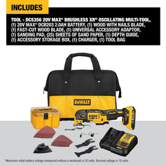 DEWALT 20V Oscillating Tool, Cordless, Wood Blades, Sandpaper, Tool Bag, Battery and Charger Included (DCS356SD1)