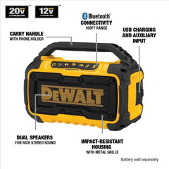 DEWALT 20V MAX Bluetooth Speaker, 100 ft Range, Durable for Jobsites, Phone Holder Included, Lasts 8-10 Hours with Single Charge (DCR010), Black Yellow