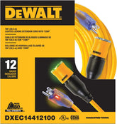 DEWALT 100 Foot Extension Cord Lighted Click-to-Lock 12/3 SJTW - Heavy Duty Outdoor, Weatherproof, Heat & Corrosion Resistant Industrial Strength Light Up Three Prong Outlet Plug Power Cord