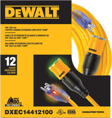 DEWALT 100 Foot Extension Cord Lighted Click-to-Lock 12/3 SJTW - Heavy Duty Outdoor, Weatherproof, Heat & Corrosion Resistant Industrial Strength Light Up Three Prong Outlet Plug Power Cord
