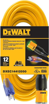 DEWALT 50 Foot 12/3 SJTW Click-to-Lock Lighted Extension Cord - Heavy Duty Outdoor, Waterproof, Weatherproof, Heat & Corrosion Resistant Industrial Strength Light Up Prong Outlet Plug Power Cord