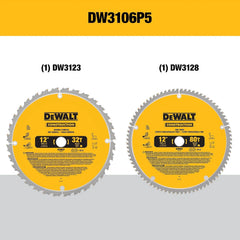 DEWALT 12-Inch Miter Saw Blade, Crosscutting, Tungsten Carbide, 80-Tooth and 32-Tooth, 2-Pack (DW3128P5, DW3123), yellow