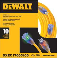 DEWALT 100 Foot 10/3 SJTW Lighted Extension Cord - Heavy Duty Outdoor, Waterproof, Weatherproof, Heat & Corrosion Resistant Industrial Strength Light Up Prong Outlet Plug Power Cord