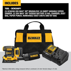 DEWALT 20V MAX* XR Palm Sander, Sheet, Variable Speed, 5-Ah Battery, 1/4-Inch (DCW200P1)