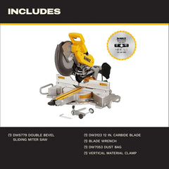 DEWALT Miter Saw, 12 Inch Double Bevel Sliding Compound Miter Saw, Includes Blade Wrench and Clamp, Increased Crosscut Capacity, Powerful 3800 RPM Motor 15 Amp (DWS779)