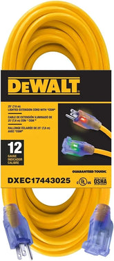 DEWALT 25 Foot 12/3 SJTW Lighted Extension Cord - Heavy Duty Outdoor, Waterproof, Weatherproof, Heat & Corrosion Resistant Industrial Strength Light Up Prong Outlet Plug Power Cord