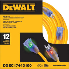 DEWALT 100 Foot 12/3 SJTW Lighted Extension Cord - Heavy Duty Outdoor, Waterproof, Weatherproof, Heat & Corrosion Resistant Industrial Strength Light Up Prong Outlet Plug Power Cord