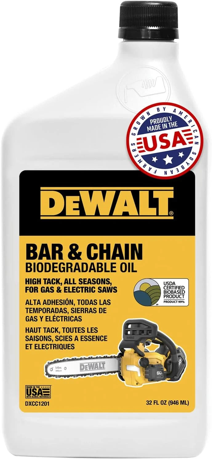 DEWALT – Biodegradable Bar & Chain Oil – Green, Eco-Friendly, Non-Toxic Professional Bar & Chainsaw Lubricant – Ultraclean All-Season Oil for Gas, Electric Saw, and Pole Saw, 32 oz
