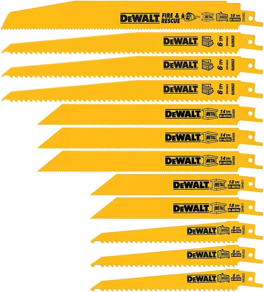 DEWALT Reciprocating Saw Blade Set for Metal Wood Iron, 12 Piece Bi-Metal Increased Durability Blades, with Storage Case (DW4892)