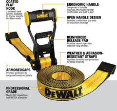 DEWALT 2"×27'×10,000 lbs Industrial Ratchet Straps with Flat Hooks | Wide‑Grip Ergonomic Handle, Armored Side Caps, DOT / WSTDA Weather‑Resistant Straps, Flat Hooks for Industrial Cargo, Flatbed