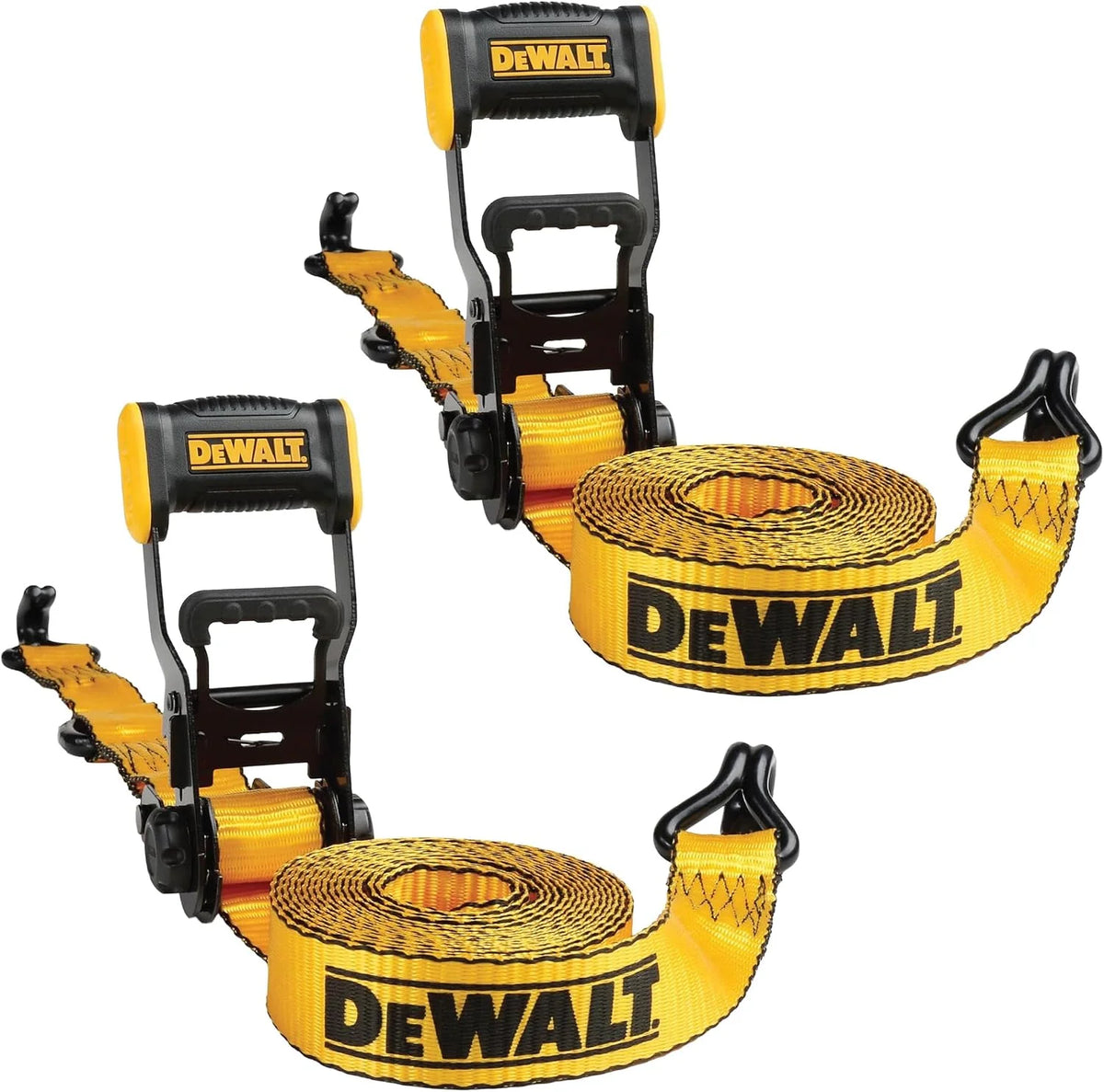 DEWALT 1.5"×16'×5,000 lbs Heavy-Duty Ratchet Straps, 2-Pack | Ergonomic Open Grip Handles, Armored Side Caps, Wear/Weather‑Resistant Straps, Coated Double J-Hooks,Secure Heavyweight Cargo