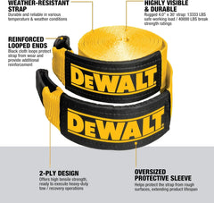DEWALT 4"×30'×40,000 lbs Heavy-Duty Tow and Recovery Strap, 1-Pack | 40,000 lbs Break Strength, Weather‑Resistant Strap, Oversized Sleeves, Reinforced Loop Ends for Heavyweight Tow and Recovery