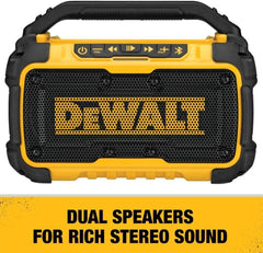 DEWALT 20V MAX Bluetooth Speaker, 100 ft Range, Durable for Jobsites, Phone Holder Included, Lasts 8-10 Hours with Single Charge (DCR010), Black Yellow