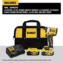DEWALT DCF921P2 ATOMIC 20V MAX* 1/2 in. Cordless Impact Wrench with Hog Ring Anvil Kit | 300 Ft-Lbs Fastening/450 Ft-Lbs Breakaway, 4 Speeds, Kit: DCF921, DCB115, 2) DCB205 5ah