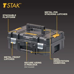 DEWALT Tool Box TSTAK II, 13 In. Flat Top Tool Storage Case, Stackable Organizer Hard Case Portable Toolbox, Heavy Duty, Holds Up To 66 lbs (DWST17807)
