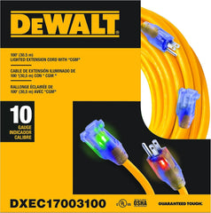 DEWALT 100 Foot 10/3 SJTW Lighted Extension Cord - Heavy Duty Outdoor, Waterproof, Weatherproof, Heat & Corrosion Resistant Industrial Strength Light Up Prong Outlet Plug Power Cord