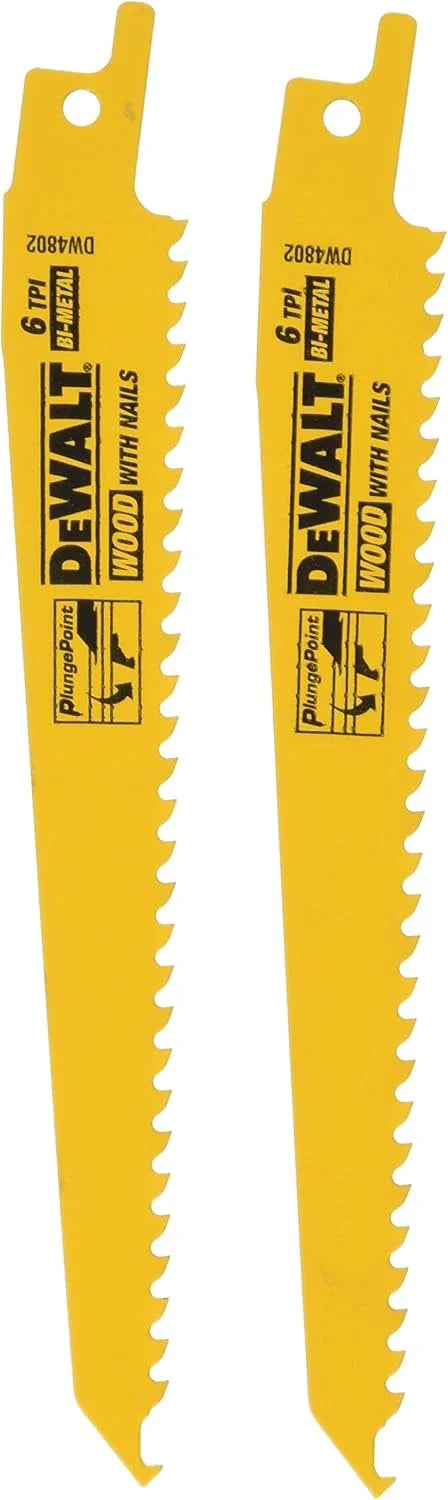 DEWALT DW4802-2 6-Inch 6 TPI Taper Back Bi-Metal Reciprocating Saw Blade (2-Pack) , Yellow
