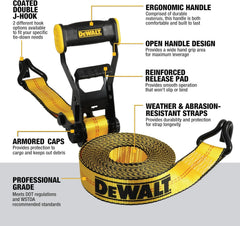 DEWALT 2"×27'×10,000 lbs Ratchet Straps with Double J-Hooks, 6-Pack | Wide‑Grip Ergonomic Handle, Armored Side Caps, DOT / WSTDA Weather‑Resistant Straps, Double J-Hooks for Industrial Cargo