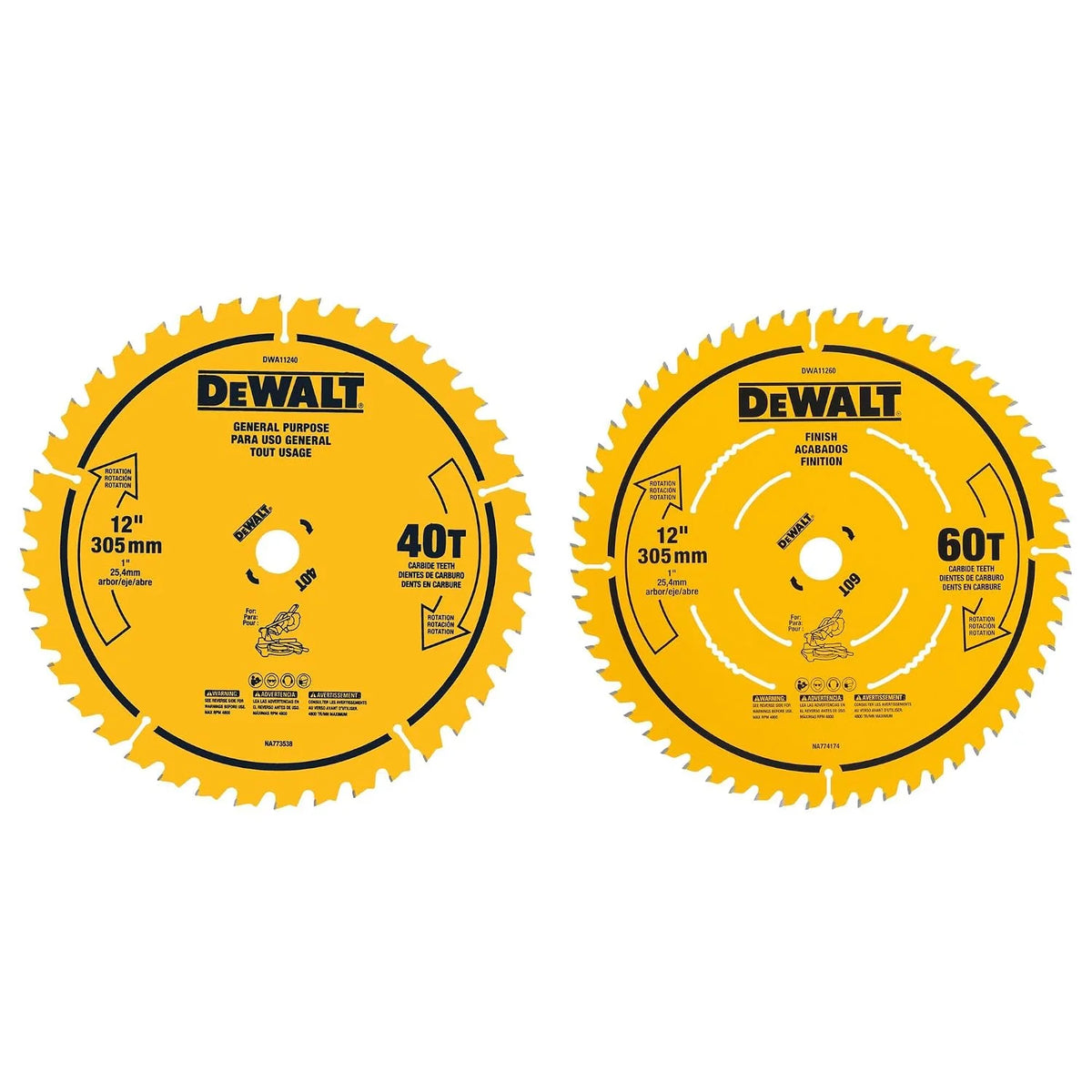DEWALT Miter Saw Blade Combo Pack, 12” Blades, 40 Tooth & 60 Tooth, Fine Finish, Ultra Sharp Carbide (DWA112CMB)