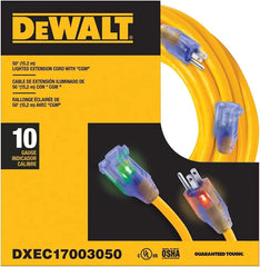 DEWALT 50 Foot 10/3 SJTW Lighted Extension Cord - Heavy Duty Outdoor, Waterproof, Weatherproof, Heat & Corrosion Resistant Industrial Strength Light Up Prong Outlet Plug Power Cord