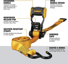 DEWALT 1.25"×12'×1,800 lbs Light-Duty Ratchet Strap, 2-Pack | Ergonomic Open Grip Handles, Armored Side Caps, Wear/Weather‑Resistant Straps, Coated S-Hooks, Secure Midweight Cargo