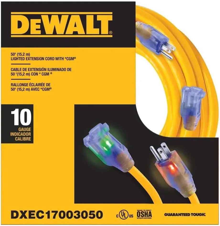 DEWALT 50 Foot 10/3 SJTW Lighted Extension Cord - Heavy Duty Outdoor, Waterproof, Weatherproof, Heat & Corrosion Resistant Industrial Strength Light Up Prong Outlet Plug Power Cord