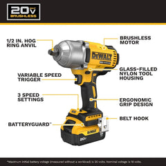 DEWALT 20V MAX Cordless Impact Wrench with Hog Ring Anvil, Brushless High Torque 1/2 Impact Gun, 4-Mode Speed, Includes Battery, Charger and Kit Bag (DCF900P1)