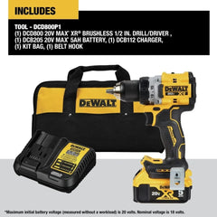 DEWALT 20V MAX* XR® Brushless Cordless 1/2 in. Drill/Driver Kit (DCD800P1), Yellow | Includes DCB205 20V 5ah Battery and DCB112 Charger, 1/2 In. Metal Chuck, 0-650/0-2, 000 Rpm, Compact 6.37 in, 70-Lumen LED