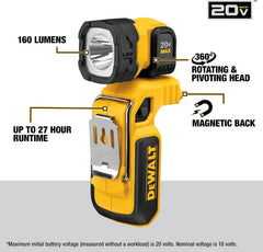 DEWALT 20V MAX LED Work Light Rechargeable, LED Flashlight, Magnetic Flashlight, Freestanding and Clip-On Light, 360 degree pivoting Head, Tool Only (DCL044)