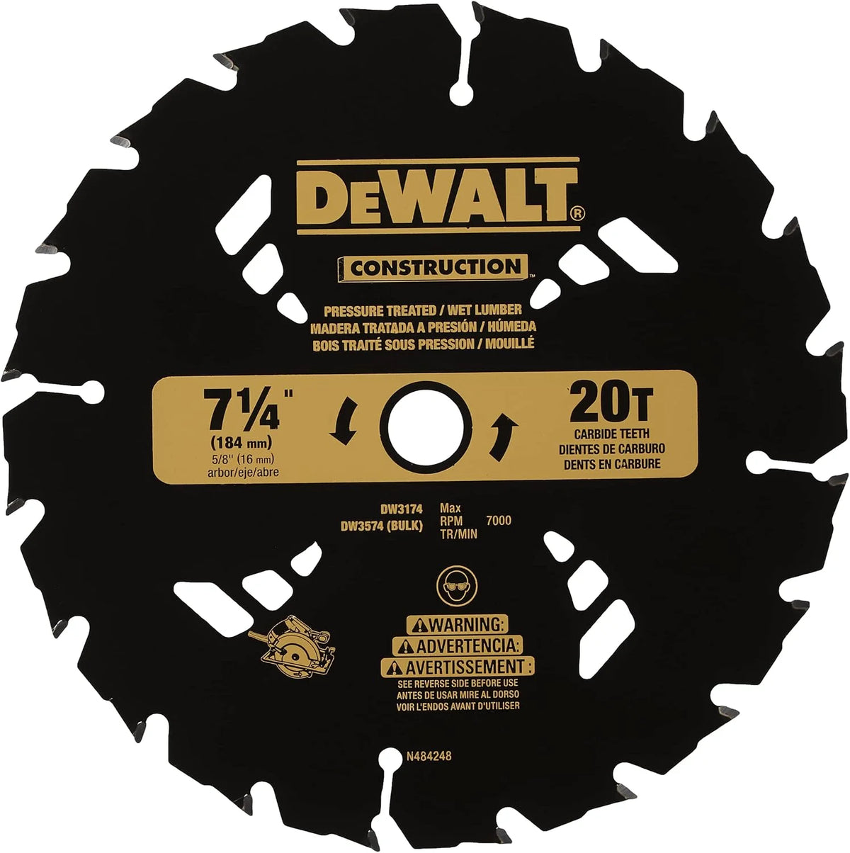 DEWALT 7-1/4" Circular Saw Blade for Pressure Treated and Wet Lumber, ATB, Thin Kerf, 5/8" and Arbor, 20-Tooth (DW3174) , Black