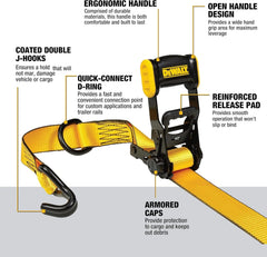 DEWALT DXBC33002 Black/Yellow 1.5" x 16' Ratchet Tie Down Straps - Mid-Weight Cargo Hauling (3300 lb Break Strength), 2 Pack