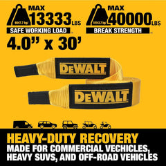 DEWALT 4"×30'×40,000 lbs Heavy-Duty Tow and Recovery Strap, 1-Pack | 40,000 lbs Break Strength, Weather‑Resistant Strap, Oversized Sleeves, Reinforced Loop Ends for Heavyweight Tow and Recovery