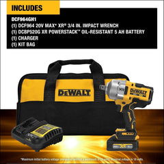 DEWALT 20V MAX XR 3/4 Inch Cordless Impact Wrench Kit with POWERSTACK Battery and Charger (DCF964GH1)