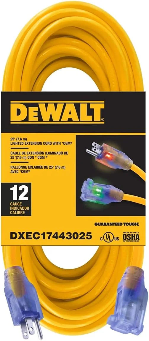 DEWALT 25 Foot 12/3 SJTW Lighted Extension Cord - Heavy Duty Outdoor, Waterproof, Weatherproof, Heat & Corrosion Resistant Industrial Strength Light Up Prong Outlet Plug Power Cord