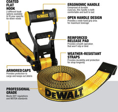 DEWALT 2"×27'×10,000 lbs Ratchet Straps with Flat Hooks, 6-Pack | Wide‑Grip Ergonomic Handle, Armored Side Caps, DOT / WSTDA Weather‑Resistant Straps, Flat Hooks for Industrial Cargo, Flatbed
