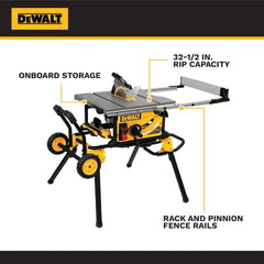 DEWALT Table Saw 10 Inch with Foldable Rolling Table Saw Stand, 15 Amp, 4800 RPM, 32-1/2-Inch Rip Capacity (DWE7491RS)
