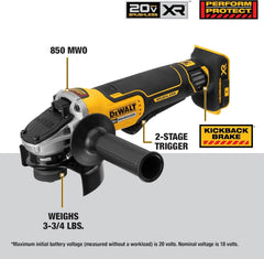 DEWALT 20V MAX* Angle Grinder Tool Cordless Brushless, 4 1/2 Inch, with Paddle Switch and Kickback Brake, Tool Only (DCG413B) | 9000 Rpm, Paddle Switch with Kickback Brake, Includes Side Handle and Guard, Battery and Charger Sold Separately
